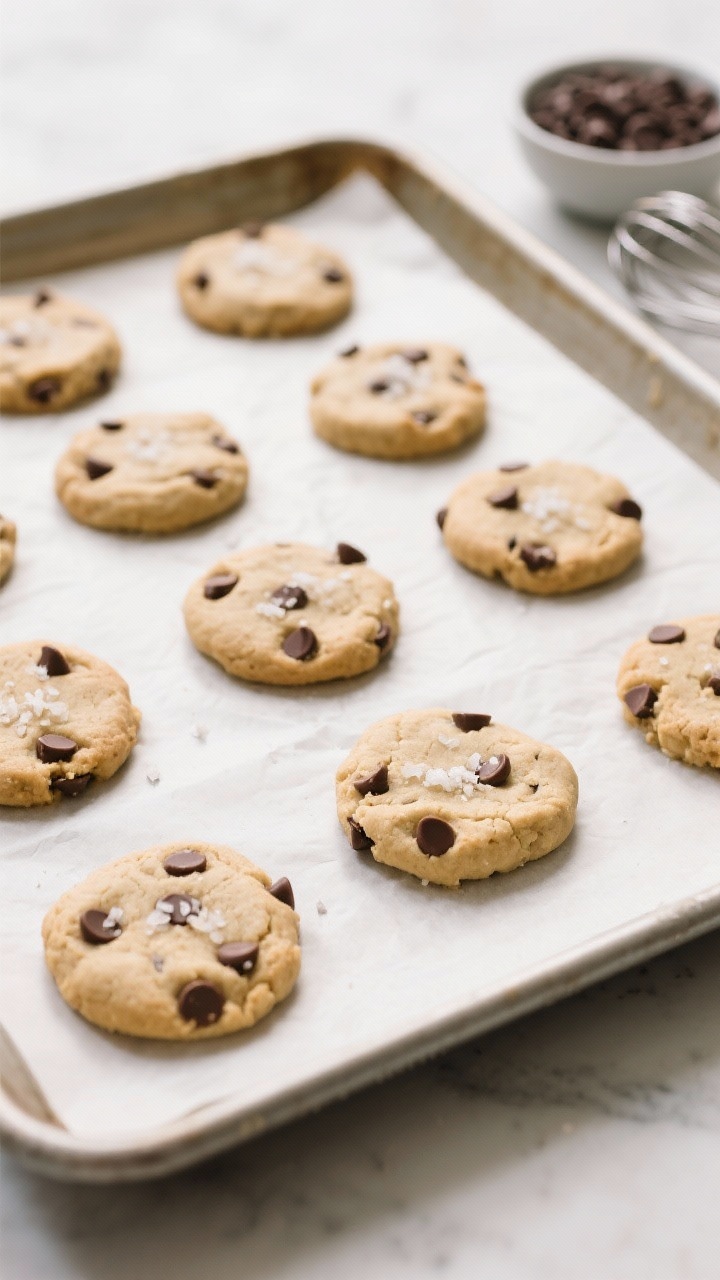 Cooking process: Overhead shot of portioned and gently flattened cookie dough rounds on a parchment-