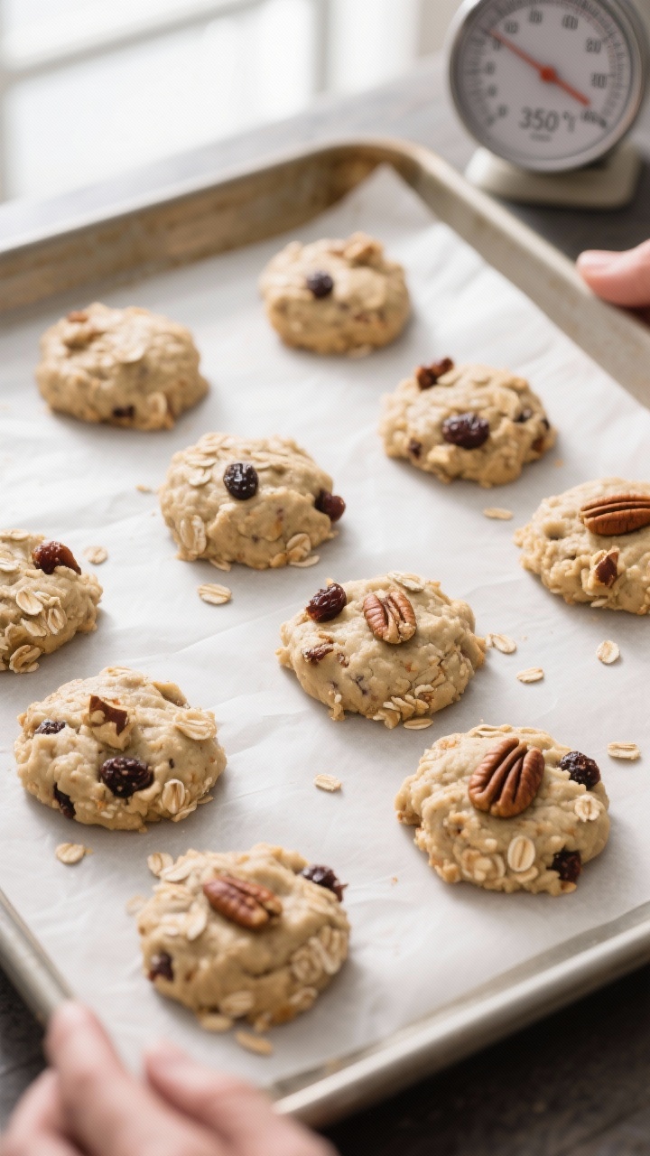 Cooking process: Overhead shot of portioned cookie dough mounds on parchment-lined baking sheet, eac
