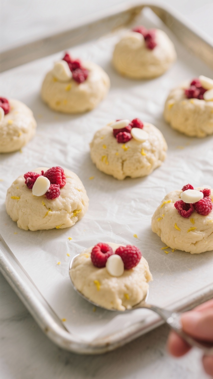 Cooking process: overhead shot of portioned dough mounds on a parchment-lined baking sheet, each 2-t