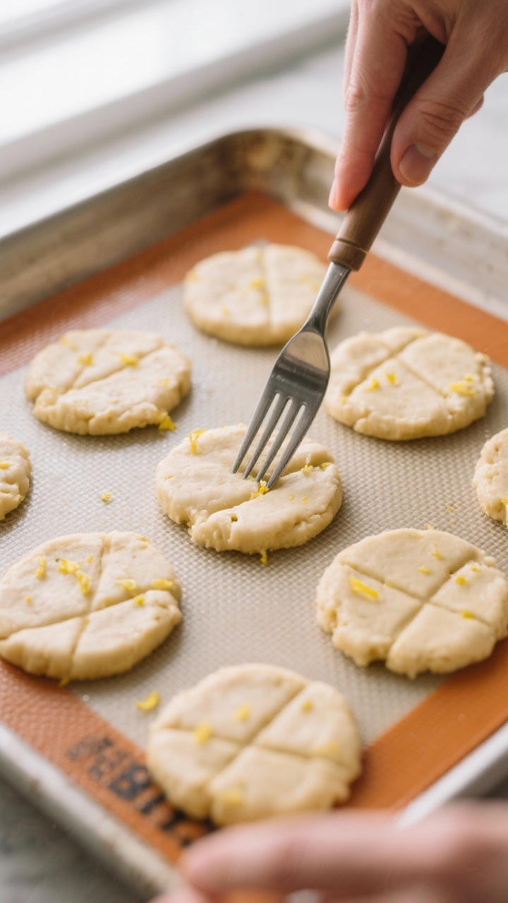 Cooking process: Overhead shot of shaped keto cookie dough disks being gently flattened and crosshat