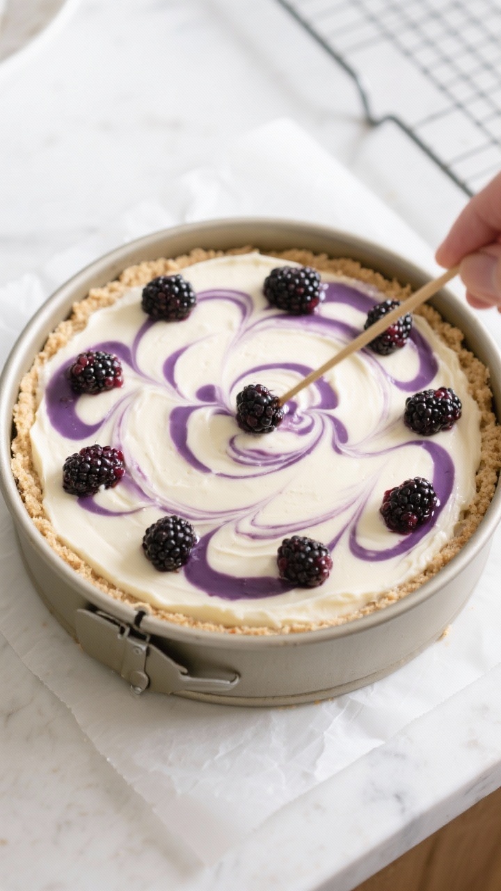 Cooking process: Overhead shot of the assembled cheesecake before baking, filling smoothed over the 