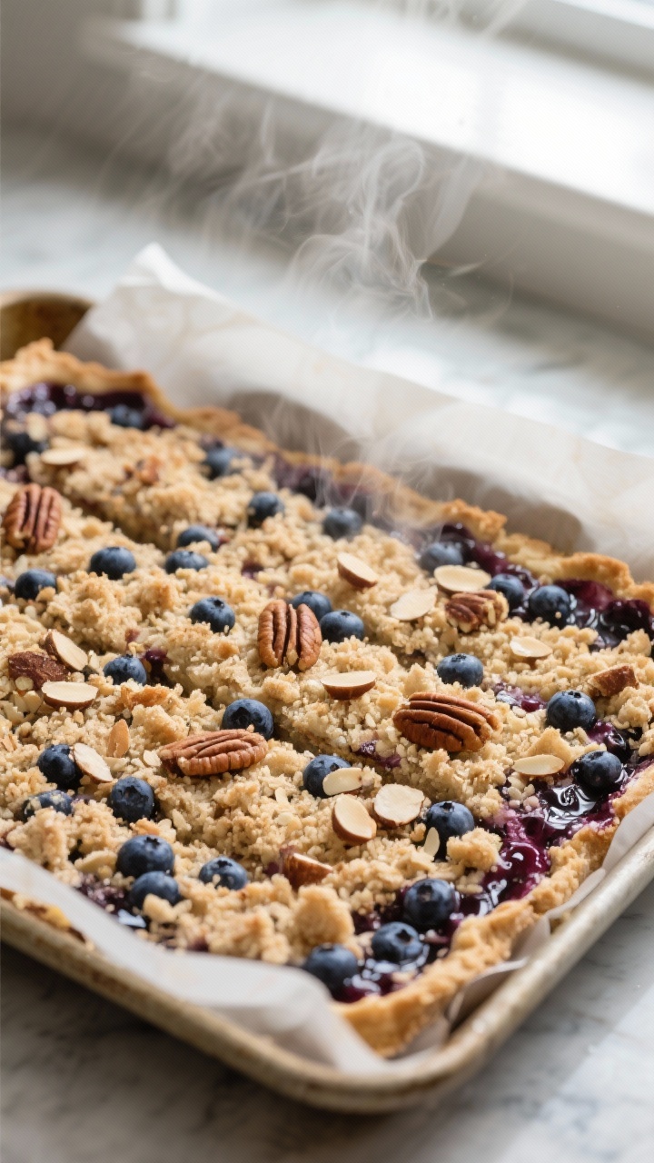 Cooking process: Overhead shot of the assembled Keto Blueberry Pie Bars mid-bake just pulled from th