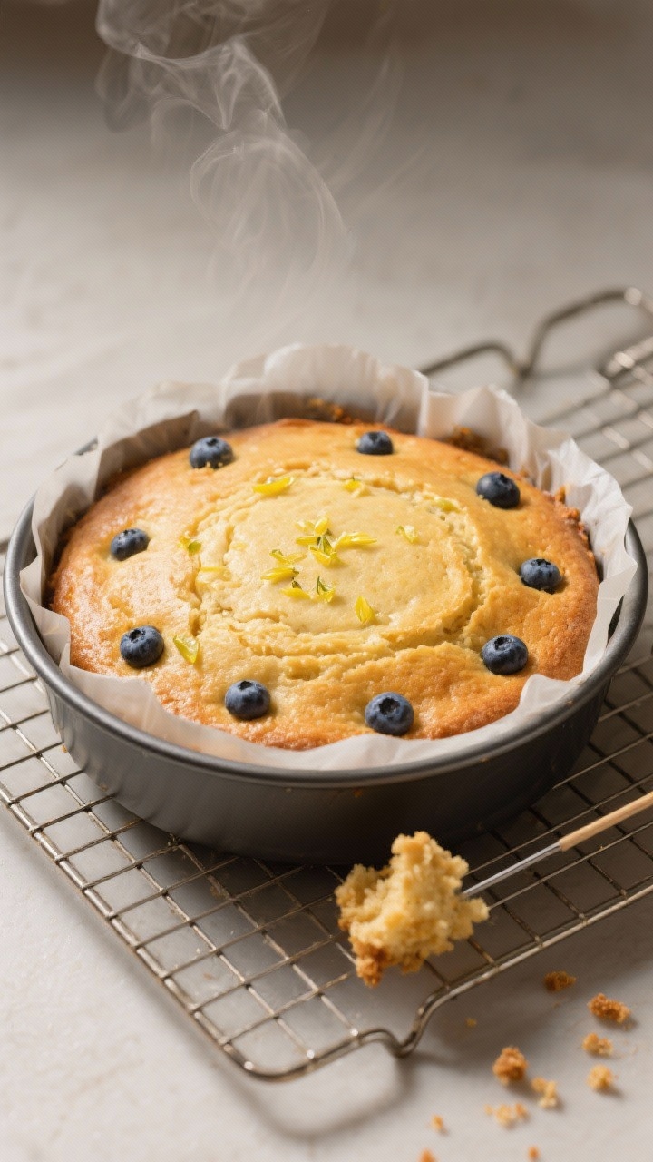 Cooking process: Overhead shot of the cake in an 8-inch parchment-lined round pan right out of the o