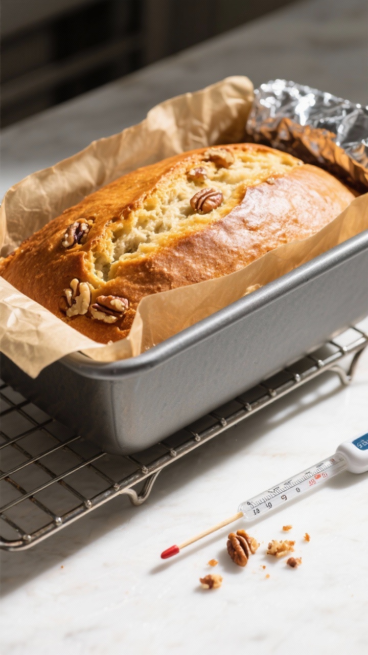 Cooking process: Overhead shot of the prepared loaf in a 9x5-inch pan just out of the oven, top deep