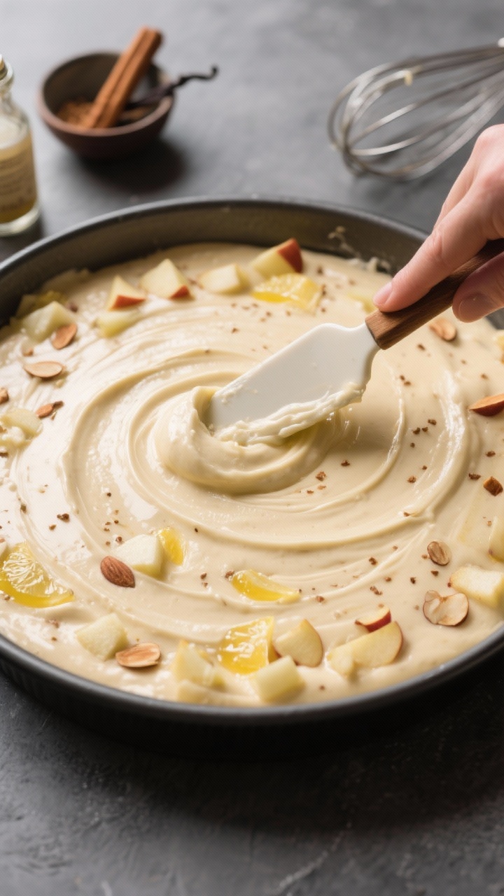 Cooking process: Overhead shot of the thick, scoopable batter being spread smoothly into the prepare