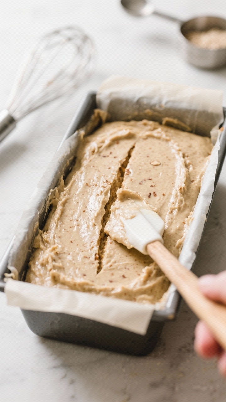 Cooking process: Overhead shot of the thick, scoopable banana bread batter resting in a parchment-li