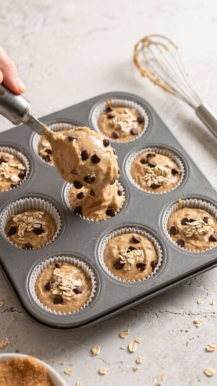 Cooking process: Overhead shot of the thick, spoonable muffin batter being portioned 3/4 full into a