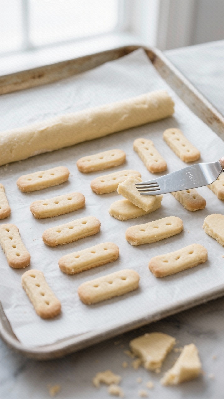 Cooking process shot: Overhead view of chilled shortbread dough rolled to 1/4 inch between two sheet