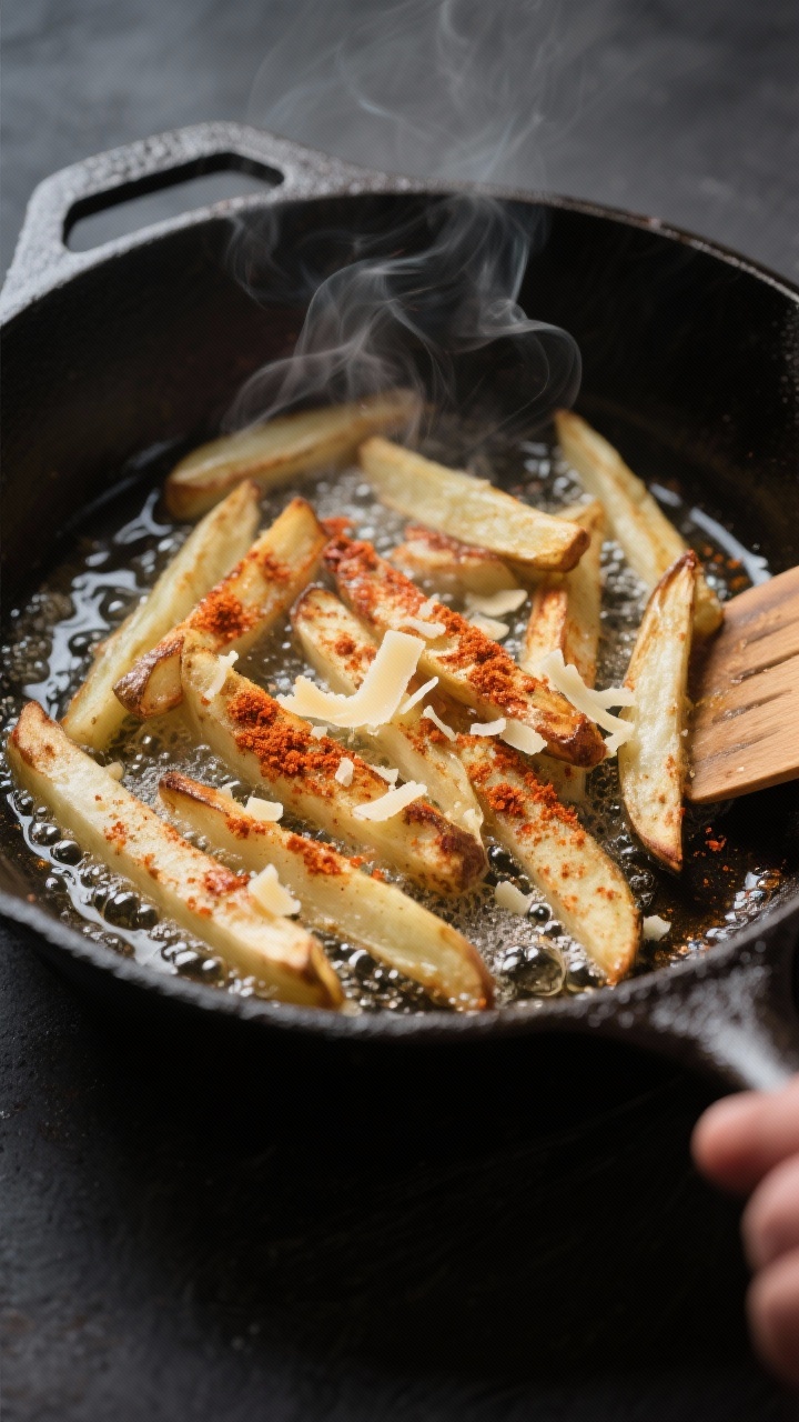 Cooking process shot: Pan-frying turnip keto fries in a cast-iron skillet over medium-high heat, fri