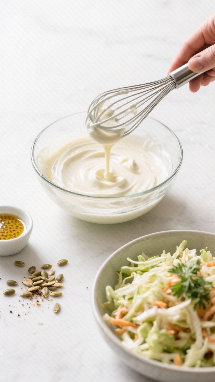 Cooking process shot: The prepared dressing being whisked to silky smoothness in a glass mixing bowl