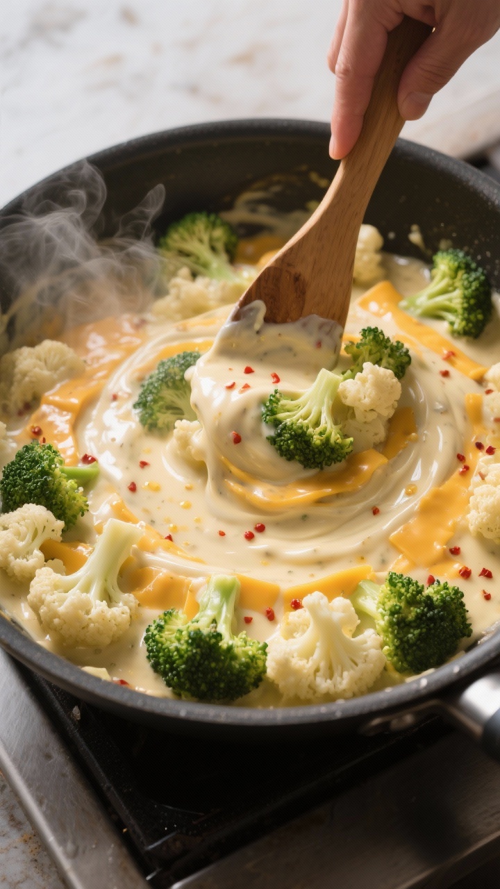 Cooking process: The creamy cheese sauce being folded through par-cooked broccoli and cauliflower in