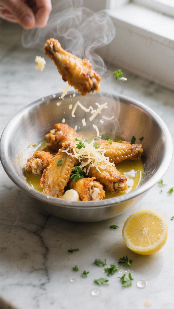 Cooking process: Wings being tossed in a large stainless bowl with hot garlic-butter sauce, steam ri