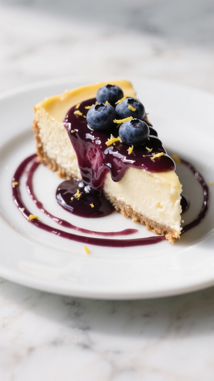 Final dish elegance: Silky blended keto blueberry sauce swirled onto a slice of classic New York–s
