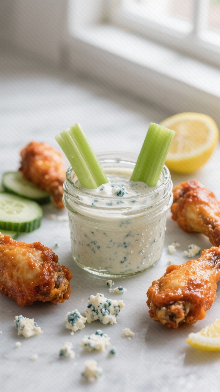 Final dish presentation: A small glass jar of the thick keto blue cheese dressing styled for dipping