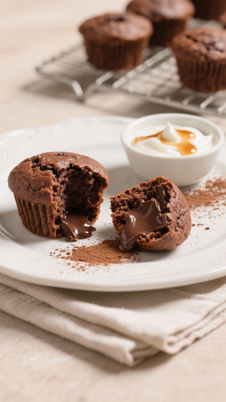 Final dish presentation: Beautifully plated chocolate protein muffins on a white ceramic plate, one 