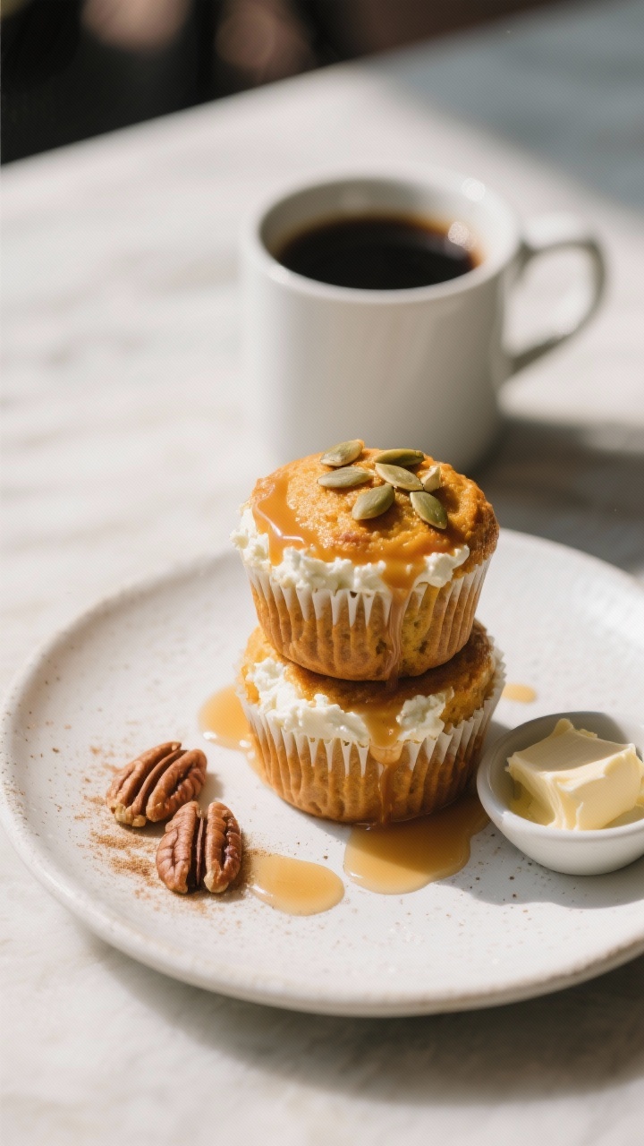 Final dish presentation: Beautifully plated cottage cheese pumpkin muffins stacked two-high on a whi