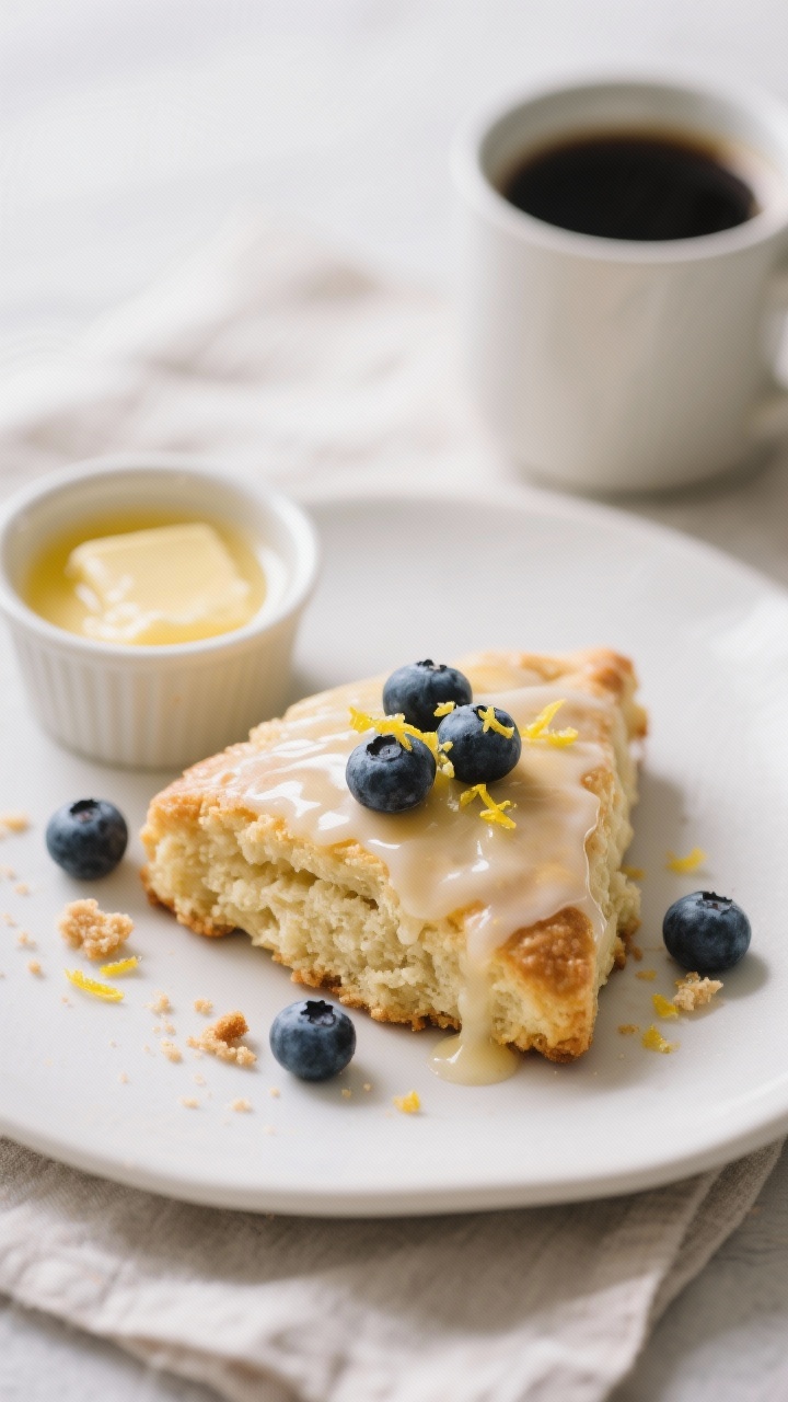 Final dish presentation: Beautifully plated keto blueberry scone on a matte white plate, drizzled wi