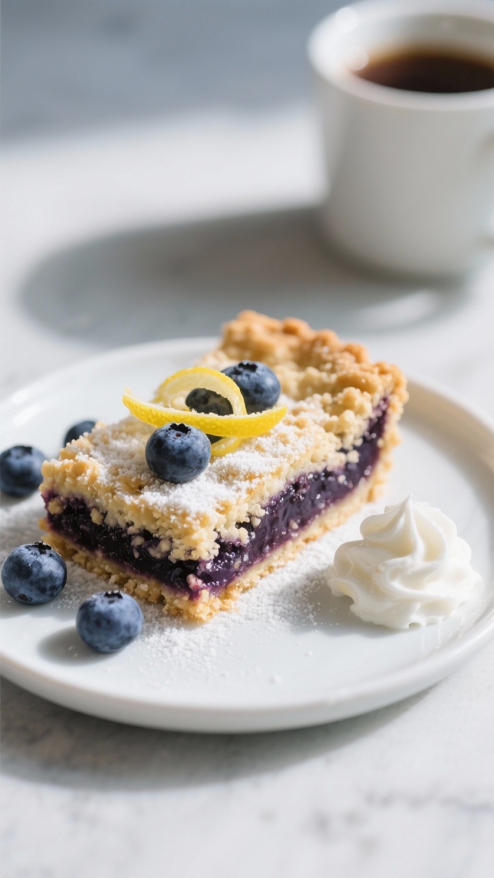 Final dish presentation: Beautifully plated Keto Blueberry Pie Bars sliced cleanly into neat squares