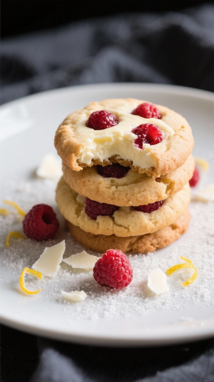 Final dish presentation: beautifully plated stack of raspberry cheesecake cookies on a matte white p