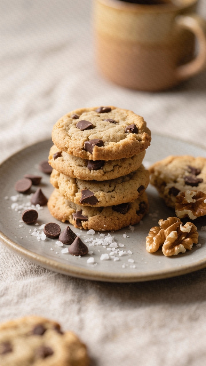 Final dish presentation: Beautifully plated stack of keto almond flour chocolate chip cookies on a m