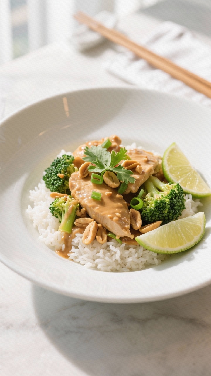 Final dish presentation: Beautifully plated Thai Peanut Chicken Broccoli over fluffy jasmine rice in