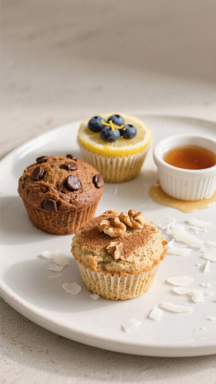 Final dish presentation: Beautifully plated trio of coconut flour muffins on a matte white plate, on