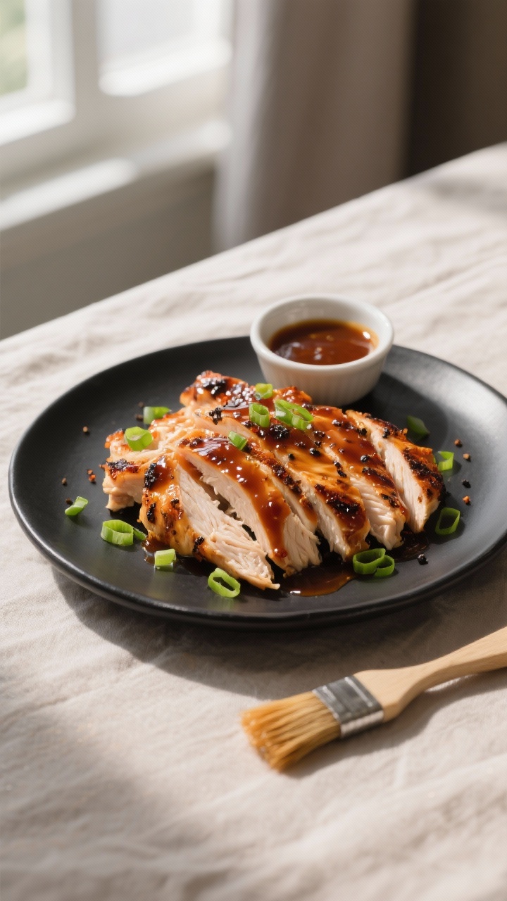 Final dish presentation: Glazed grilled chicken thighs brushed with the keto barbecue sauce, lacquer