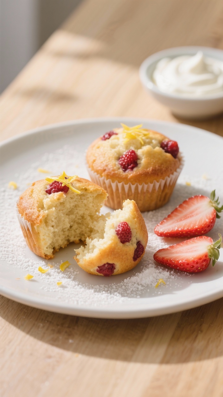 Final dish presentation: Restaurant-quality plated keto strawberry muffins on a matte white plate wi