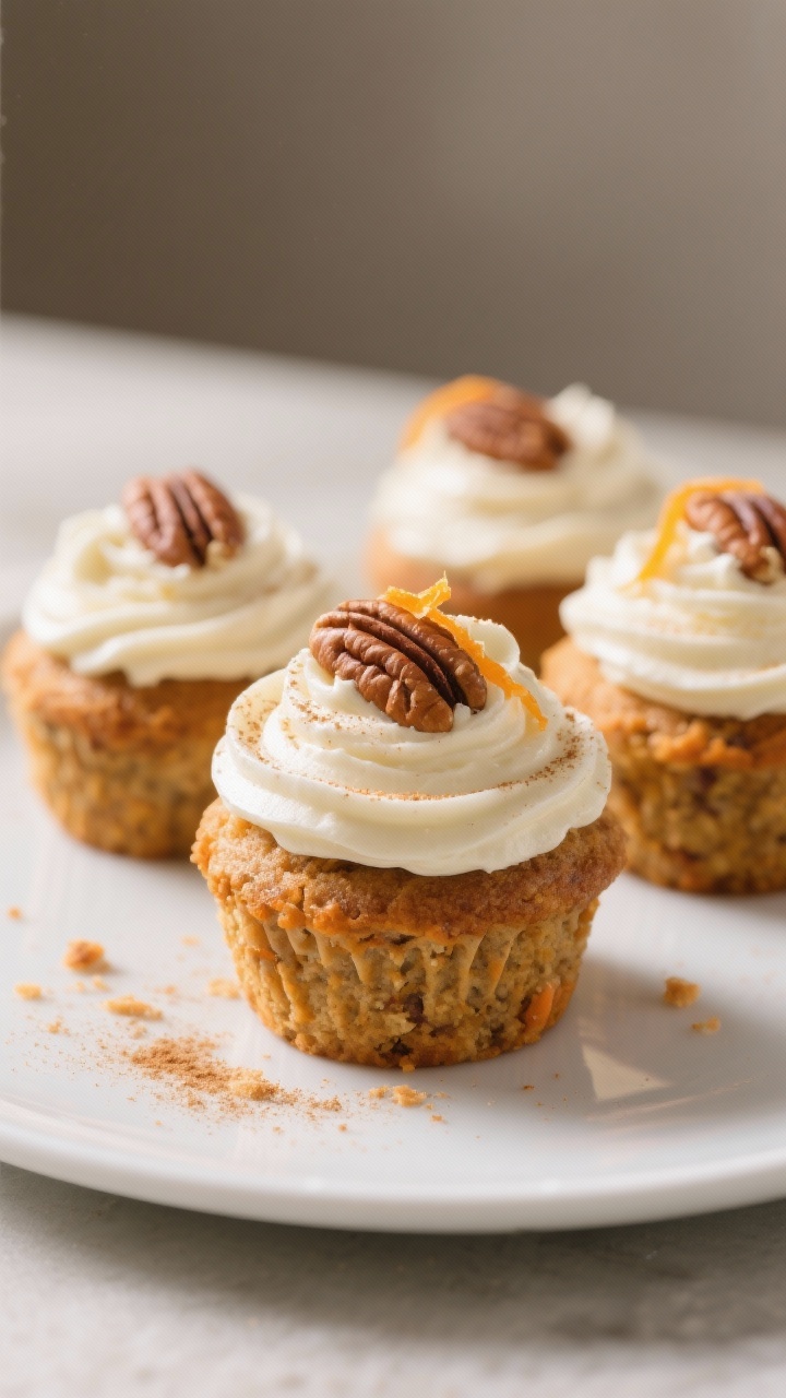 Final dish presentation: Restaurant-quality plated keto carrot cake muffins topped with a smooth swi
