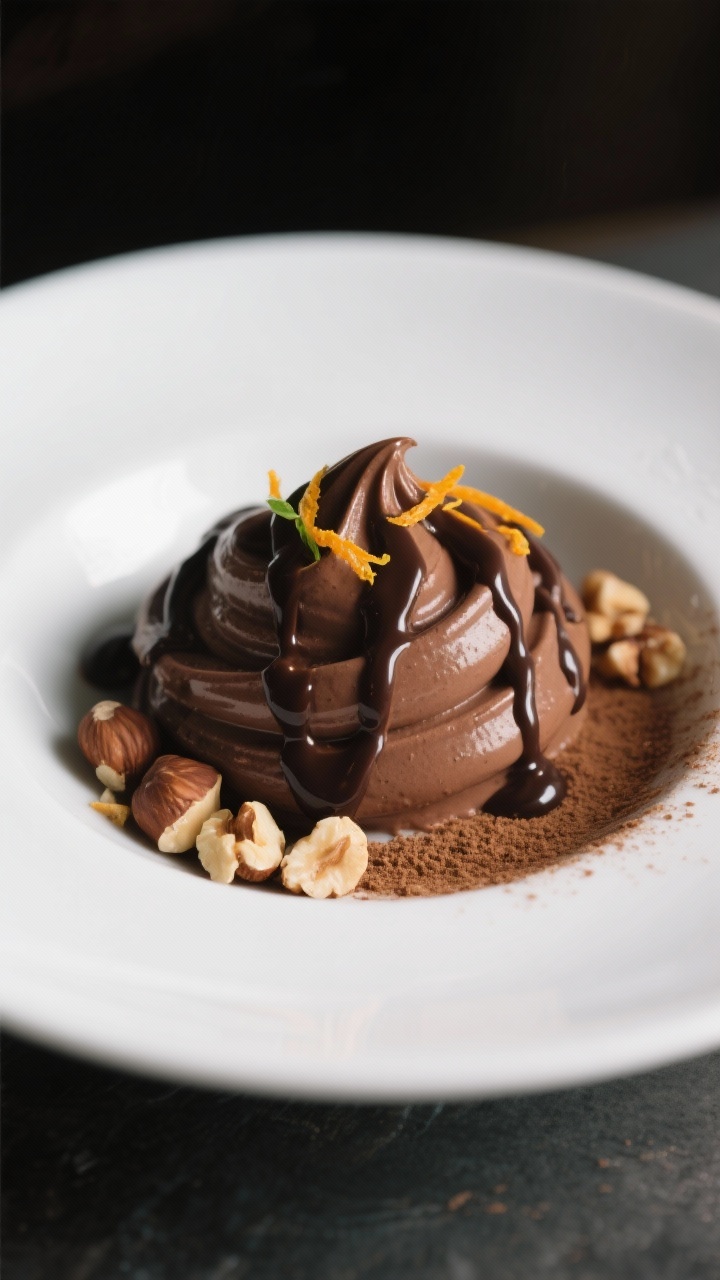 Final dish presentation: Restaurant-quality plating of keto avocado chocolate pudding swooshed into 