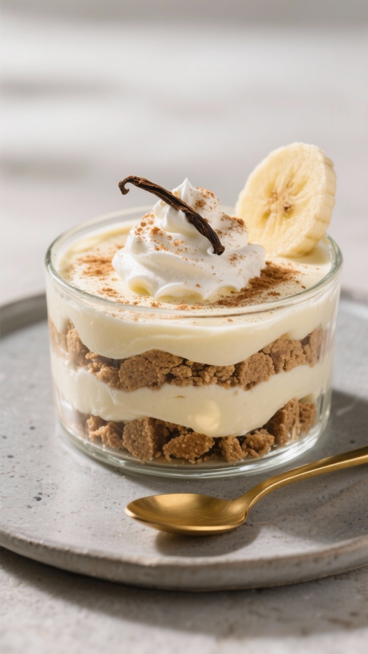 Final dish presentation: Restaurant-quality trifle-style keto banana pudding in a clear glass bowl s