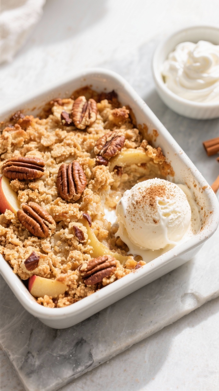 Final dish top view: Overhead shot of freshly baked keto apple crisp in an 8x8 pan with an even, dee