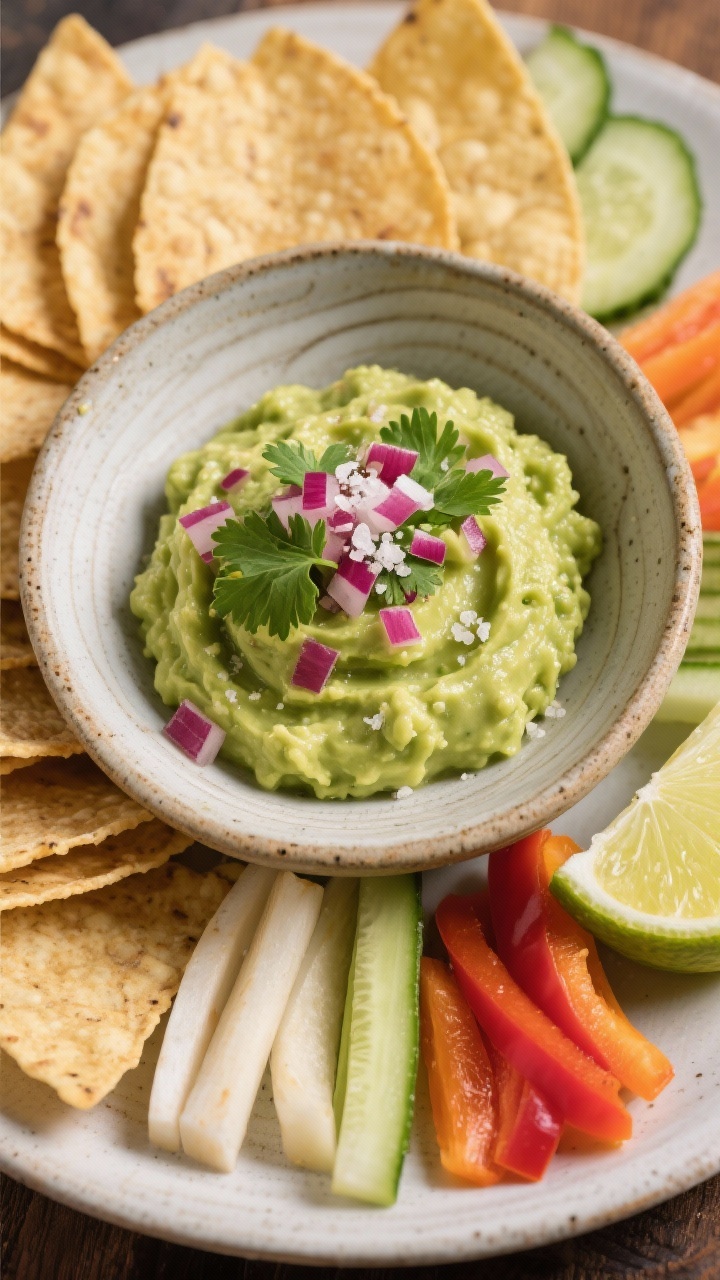 Final dish top view: Restaurant-quality presentation of guacamole served in a low, wide stoneware bo