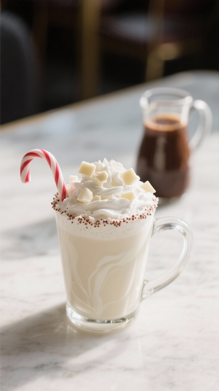 Final dish variation: White Peppermint Mocha in a clear glass mug showing creamy, pale ivory body wi