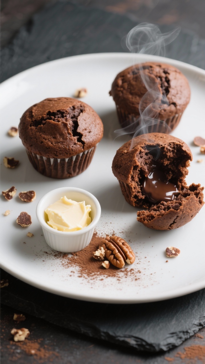 Final plated beauty: Three keto chocolate muffins on a matte white dessert plate, one split open to 