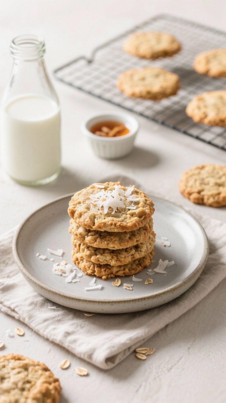 Final plated dish: Restaurant-quality presentation of a small stack of coconut flour oatmeal cookies