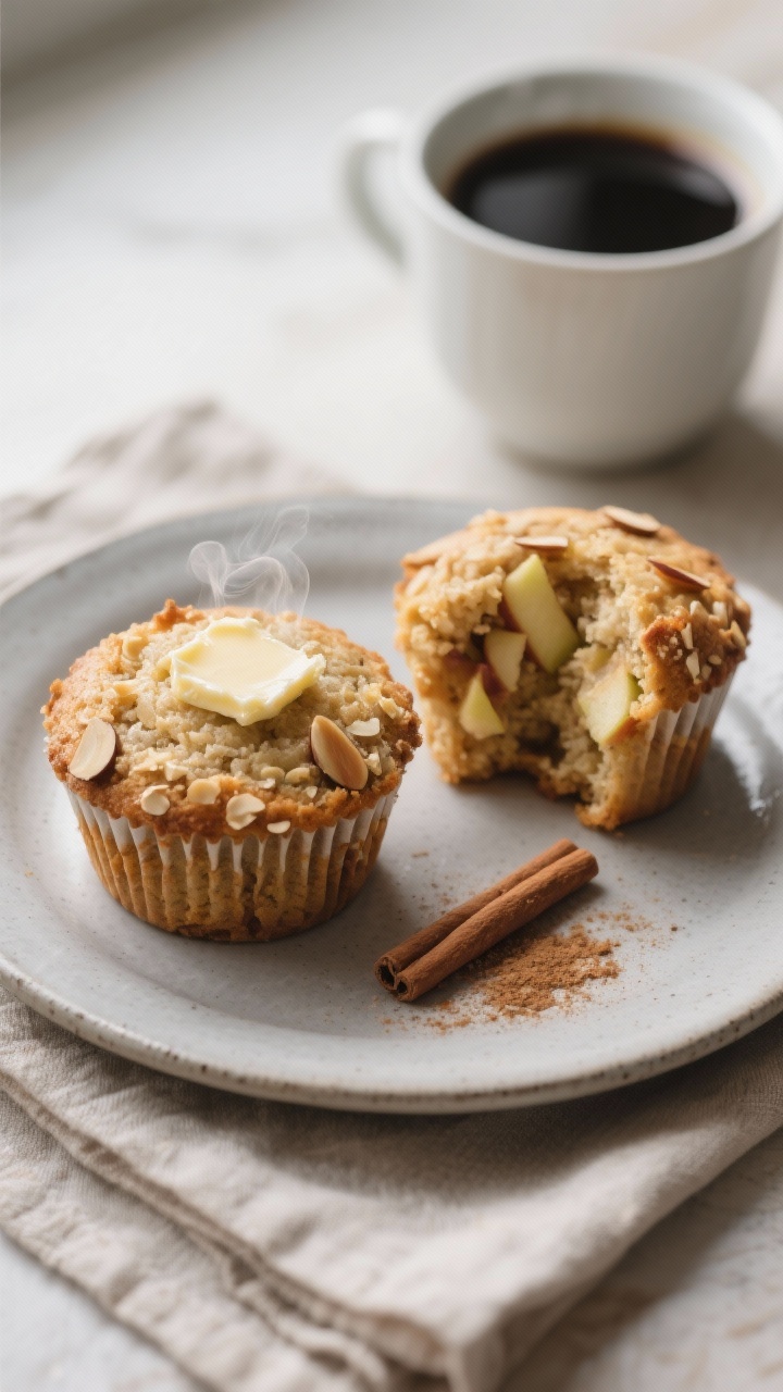 Final plated dish: Restaurant-quality presentation of two keto apple muffins on a matte ceramic plat