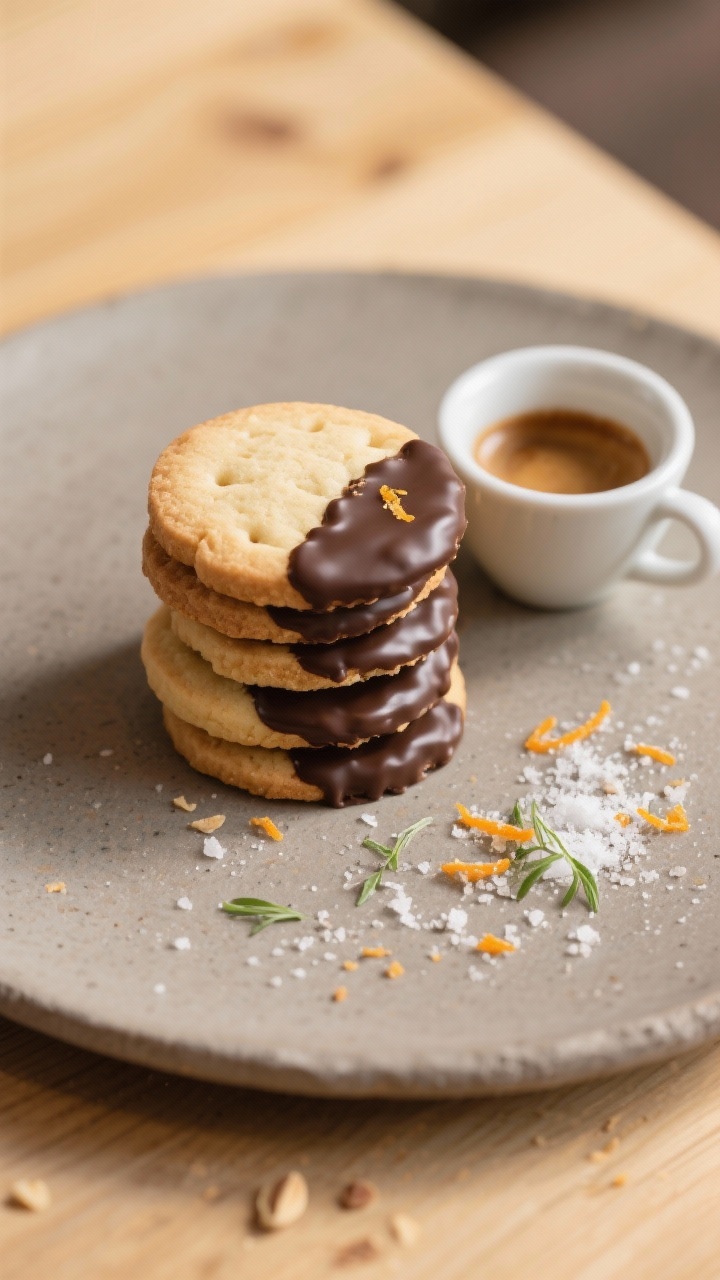 Final plated presentation: Elegant dessert plate featuring a tidy stack of keto almond shortbread co