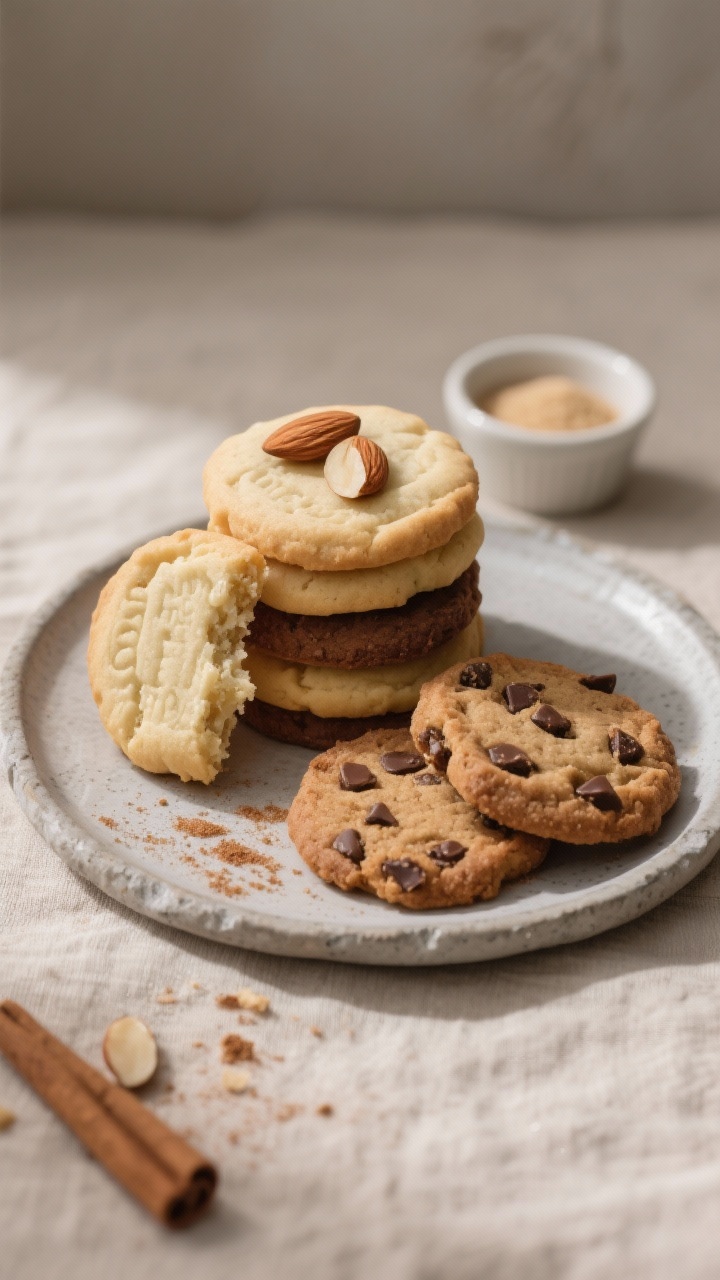 Final plated presentation: Elegant plate of assorted keto butter cookies—plain, cinnamon-dusted, a
