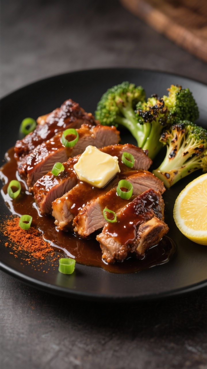 Final plated presentation: Restaurant-quality plate of saucy boneless keto barbecue thighs sliced to