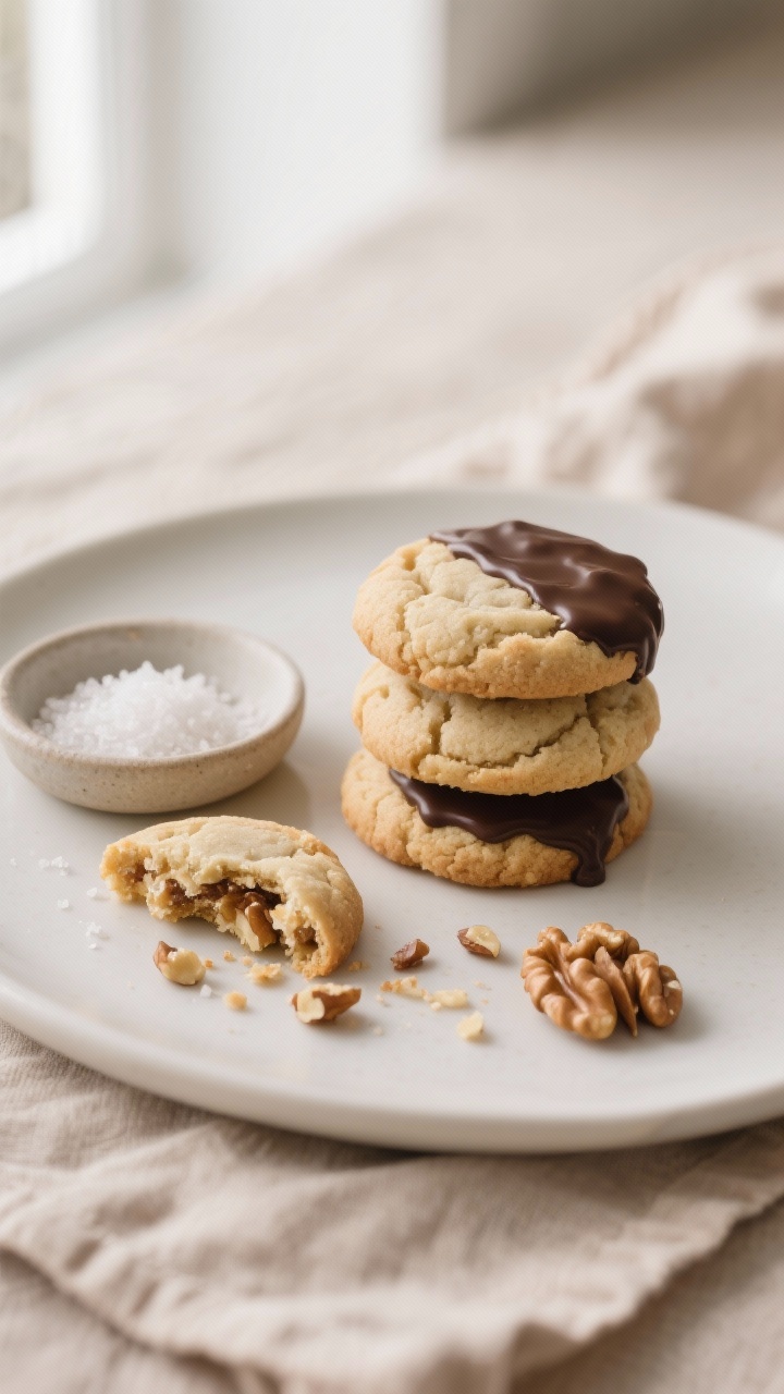 Final plated presentation: three keto walnut cookies stacked on a matte white plate beside a small d