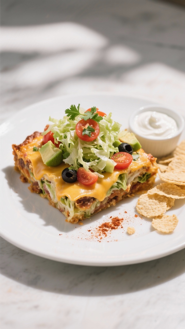 Final plated serving: A square of taco salad casserole on a matte white plate, topped with a mound o
