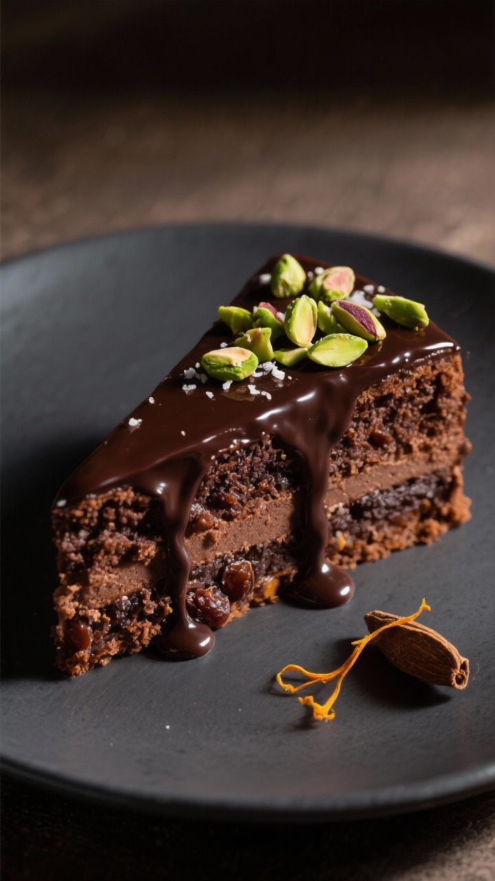 Final plated slice: A luxurious slice of Dubai chocolate cake on a matte charcoal plate, drenched wi