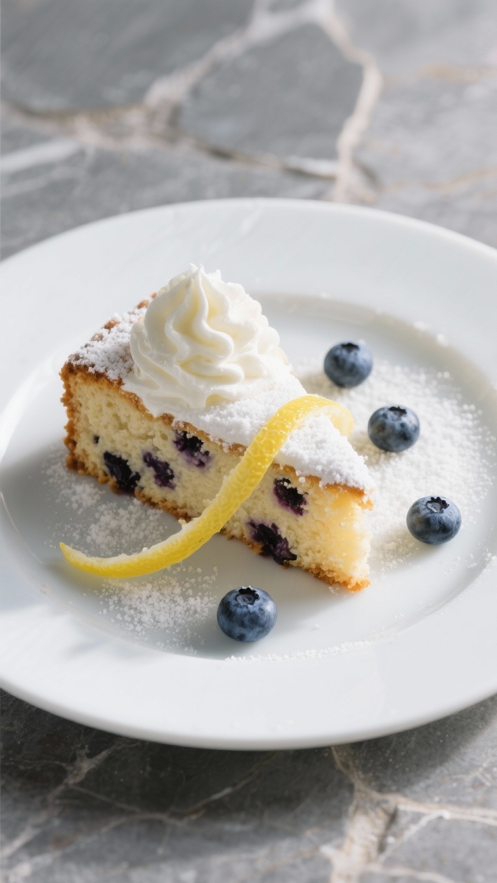 Final presentation: Restaurant-quality plated keto blueberry cake wedge with a swoosh of lightly swe