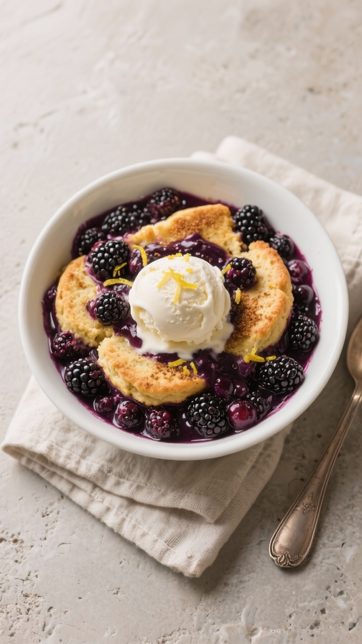 Overhead final presentation: a warm bowl of keto blackberry cobbler topped with a small scoop of ket