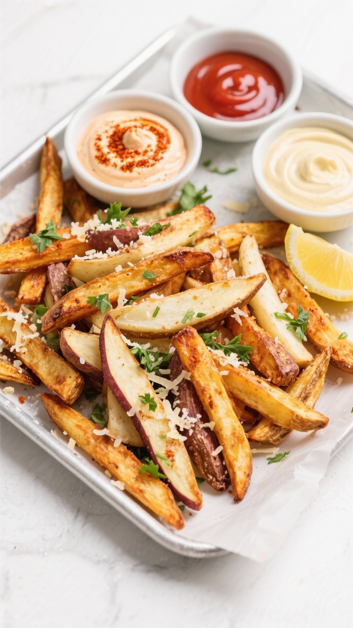 Overhead final presentation: Restaurant-style platter of mixed keto fries (rutabaga and jicama) bake