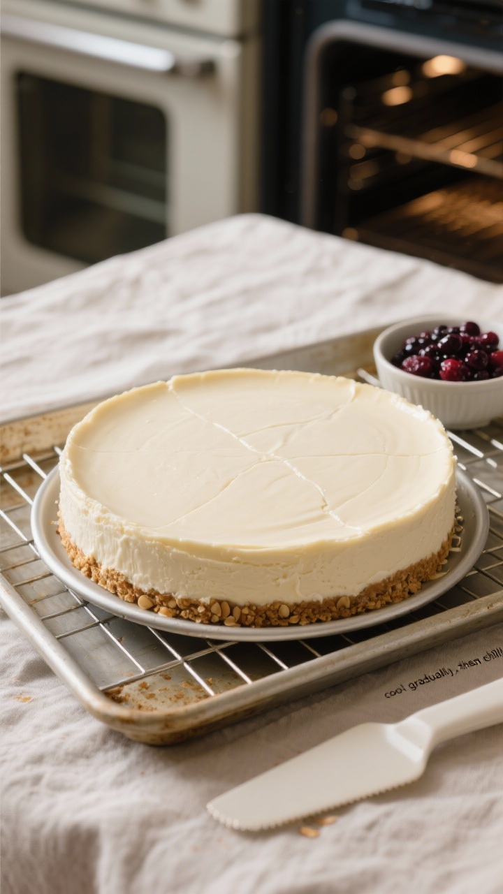 Overhead process shot of the cheesecake just out of the oven before topping: the full 9-inch springf