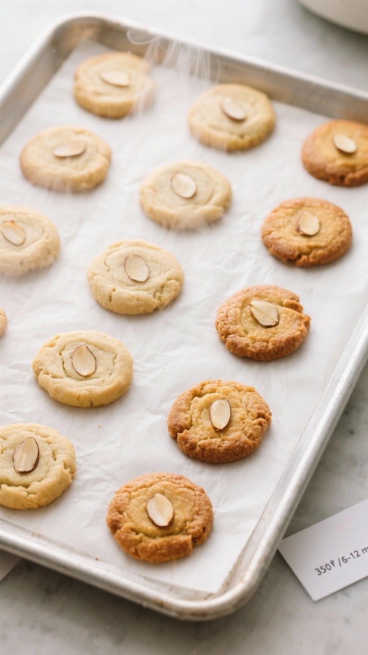 Overhead shot of a tidy baking sheet lined with parchment showing portioned and gently flattened coo