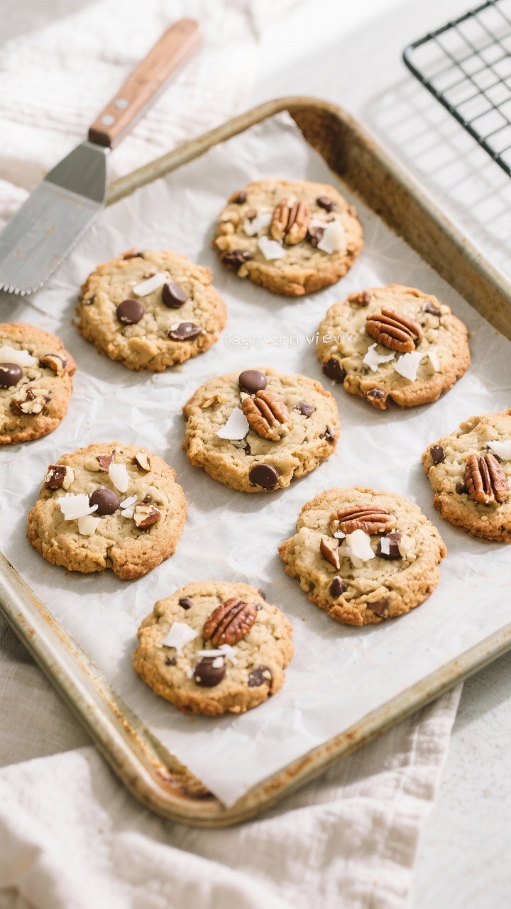 Overhead “tasty top view” of 8–10 keto breakfast cookies arranged on a parchment-lined baking 