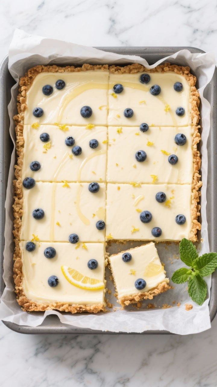 Overhead “tasty top view” of the dessert set up as bars in an 8-inch parchment-lined pan: evenly